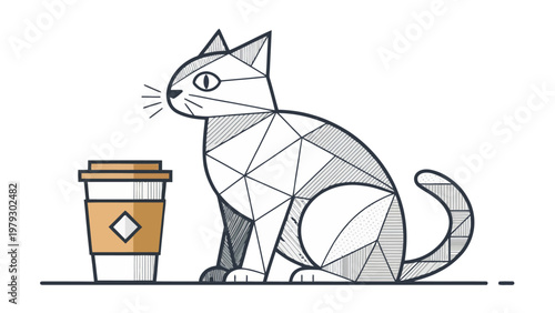 A geometric cat sits next to a coffee cup on a table