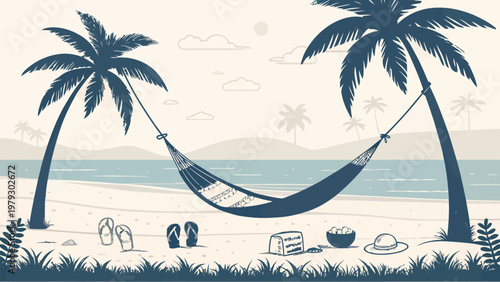 A serene beach scene with a hammock between two palm trees