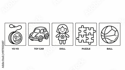 Collection of outline illustrations featuring various classic children's playthings and recreational objects