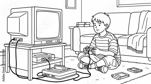 Young boy playing a video game on a vintage television with a controller