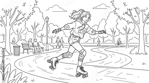 Young woman roller skating through a park on a sunny day