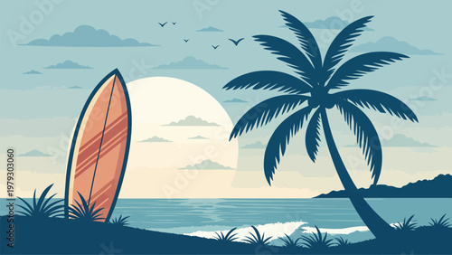 A serene beach scene with a surfboard and palm tree at sunset