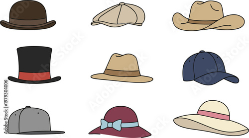 Diverse hat and headwear collection with formal and casual styles