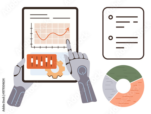 Artificial intelligence, data analysis, technology trends, automation, robotics, machine learning. Robotic hands interacting with a tablet displaying graphs and settings. AI and data analysis