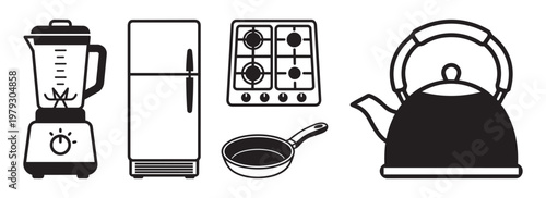 Kitchen appliance vector illustration set, blender, fridge, stove, pan, kettle icons on background.