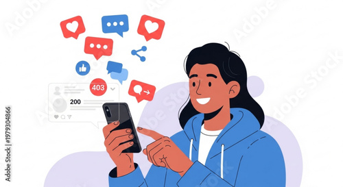 Young Woman Using Smartphone with Social Media Icons Illustration