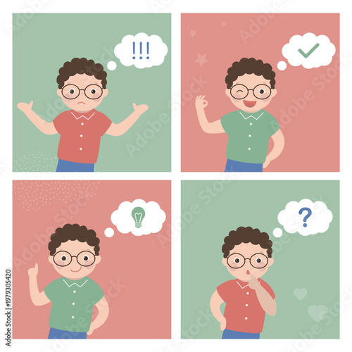 set of four cards with young boy experiencing different emotions: surprise, success, having an idea, and curiosity. Childhood cognitive development and expressions.