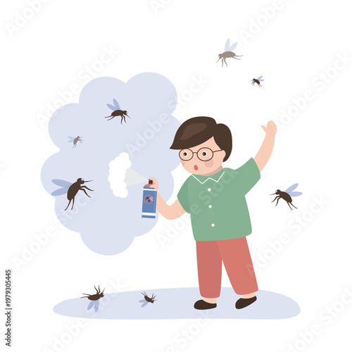 Angry boy fight mosquito by spray. protection dengue fever concept. Cute little boy applying insect repellent, protection against mosquitoes.
