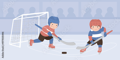 Two little hockey players compete near goal net at  stadium filled with spectators. Thrilling moment of junior sports match on ice. Winter game, kids sportsmen