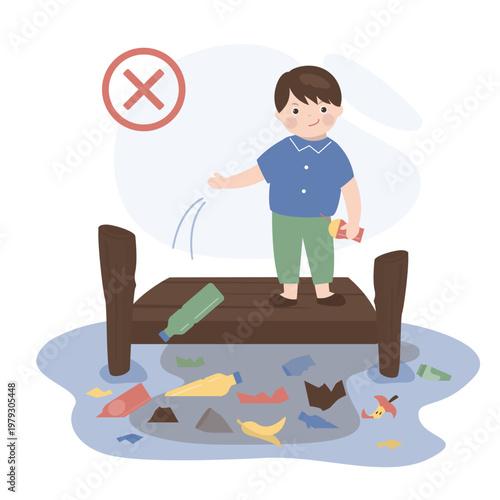 A boy throwing garbage in river or ocean. little kid with bad behavior do littering in water.