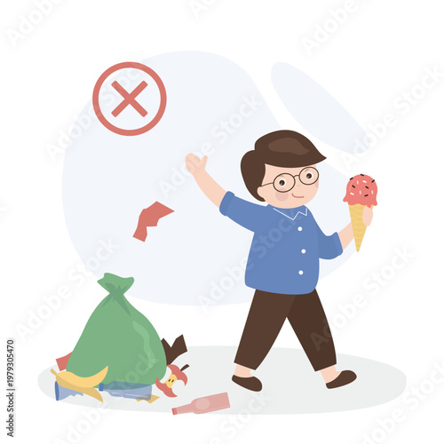 A boy throwing garbage on street. little kid with bad behavior do littering. Child throws an ice cream container onto a trash heap, polluting the environment.
