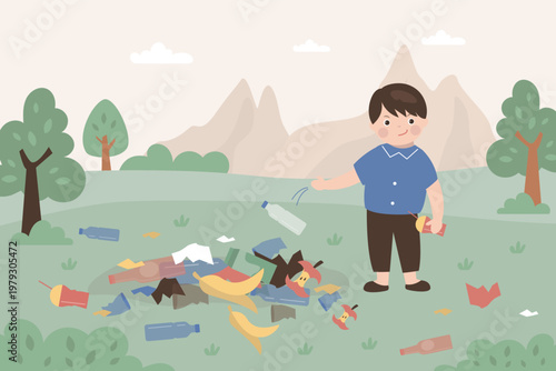 A boy throwing garbage in forest. little kid with bad behavior do littering. Child throws plastic garbage on trash heap, polluting the environment
