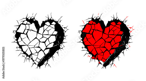 Broken Heart Crack Icon Set – Love Damage and Emotion Symbol Vector