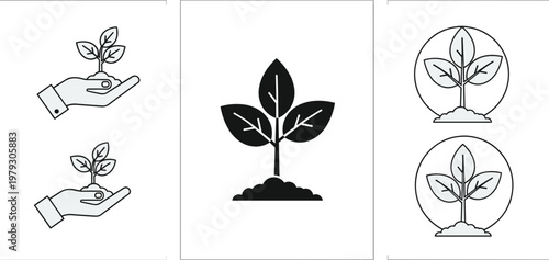 Vector Illustration of Growing Plant, Nurturing Hands, and Leaves for Gardening, Sustainability, and Environmental Designs