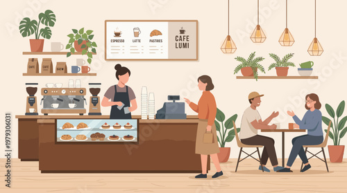 A cozy cafe interior scene with customers ordering and sitting at tables, featuring a barista behind the counter and plants decorating the space.