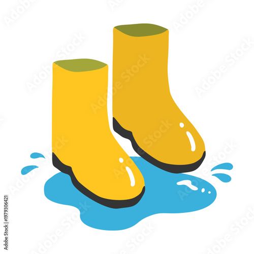 黄色の長靴と水たまりのフラットデザインイラスト　梅雨の時期の雨具素材