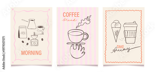 Hand drawn coffee posters. Breakfast or brunch doodle design set for cafe, menu, shop. Vintage  illustration in line art.