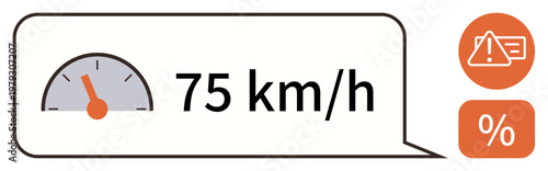 Speed monitoring, traffic safety, driving alerts, transportation systems, warning symbols, data display. Digital speedometer with 75 kmh and alert icons. Traffic safety and warning symbols