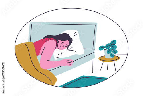 Sleeping woman scene in cozy bedroom interior with bed, carpet and houseplant, textured flat cartoon female character. Healthy sleep and bedtime routine vector illustration