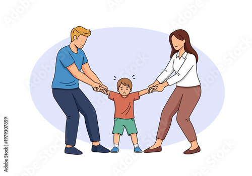 Child Caught in the Middle of Divorce and Custody Battle Vector Illustration