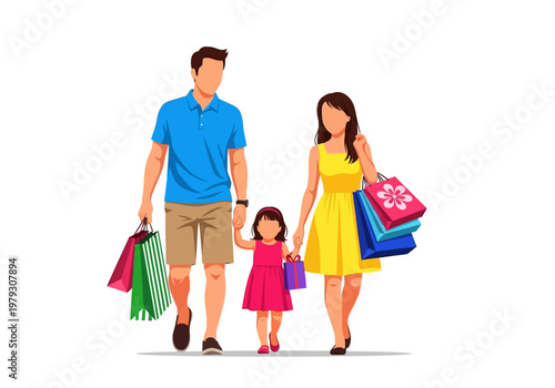 Happy Family Walking with Shopping Bags Vector Illustration. Parents and Daughter Enjoying a Retail Spree and Consumerism Concept.