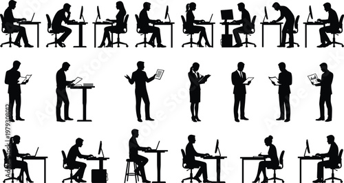 Large Set of Office Worker Silhouettes, Business People Working at Desks with Computers, Vector Collection of Men and Women in Corporate Workplace,