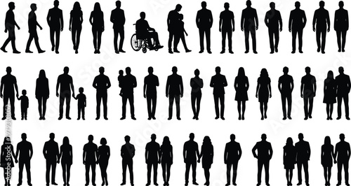 Large Set of People Silhouettes, Diverse Crowd of Men Women and Families Standing Walking and Sitting, Vector Collection for Social Community Concept,