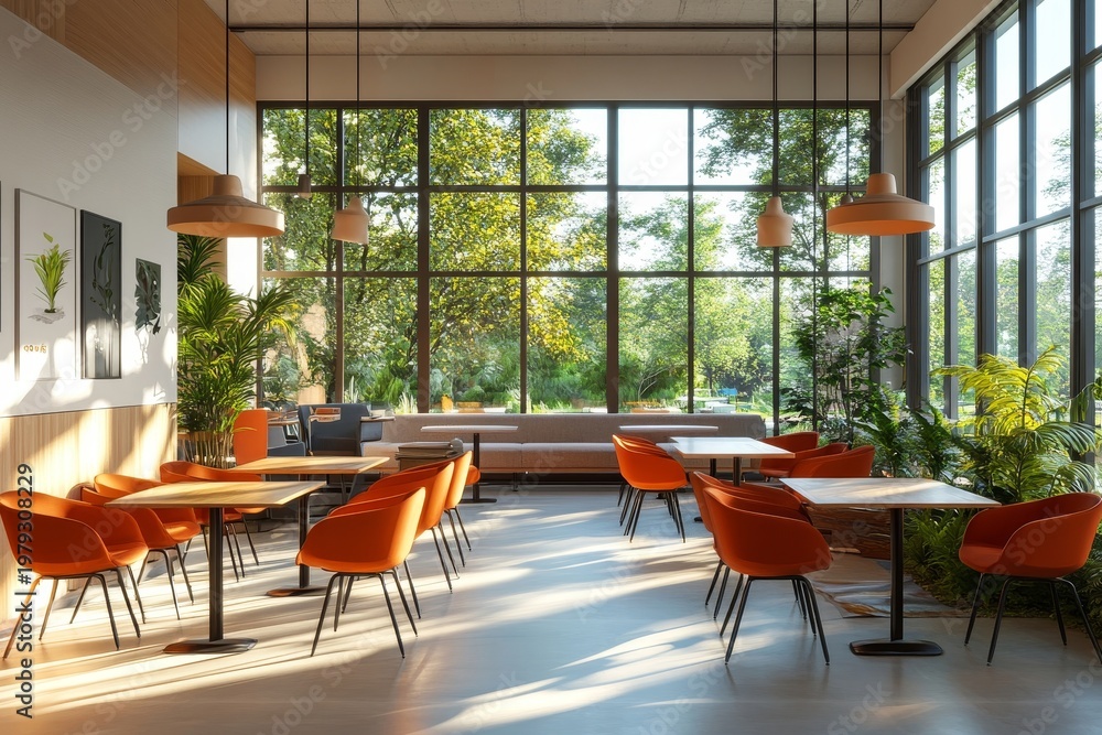 Fototapeta premium Modern office with tables, chairs, bright lighting, and large windows, creating an ideal workspace for a business environment. 3D rendering, Generative AI