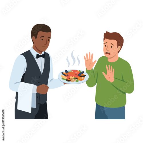 A waiter serves a plate of food to a man who is rejecting it.