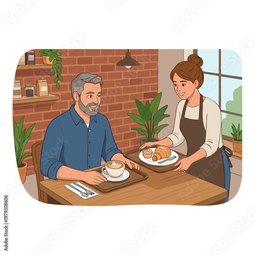 A man sitting at a table in a restaurant receiving food from a waitress