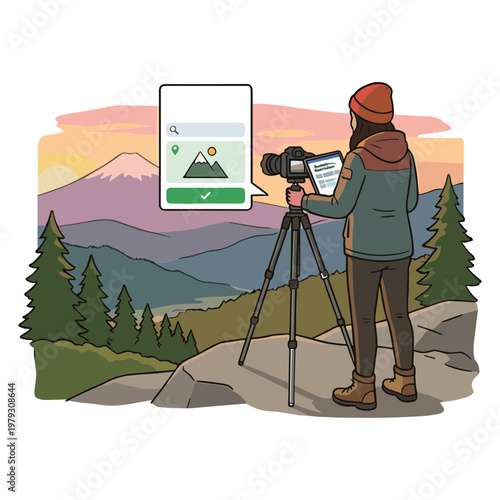 A person captures a breathtaking mountain landscape with a camera on a tripod during sunset.