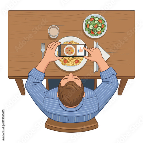 Man taking photo of food on plate with smartphone at wooden dining table
