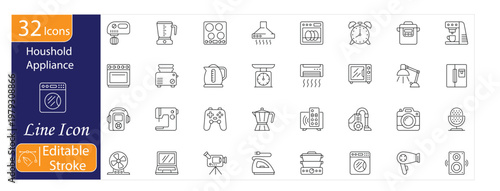 Household Icons Set, Home Appliance, Tools, Kitchen Items, Domestic Life, Household Management, Daily Essentials, Editable Stroke Vector Illustration.