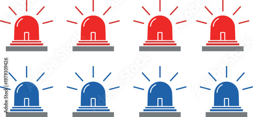 Emergency light vector illustration set featuring red and blue flashing siren icons for police, fire, and ambulance graphics