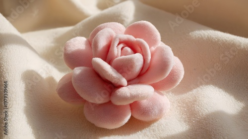 Mini rose plush toy with oversized petals, fuzzy fabric, placed on soft cream background, dreamy lighting, childlike whimsical vibe