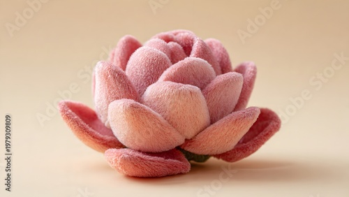 Mini rose plush toy with oversized petals, fuzzy fabric, placed on soft cream background, dreamy lighting, childlike whimsical vibe