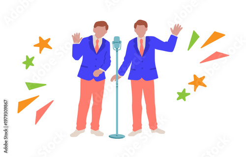 お笑い芸人、漫才、MC、司会者、スタンダップコメディアンなどのシンプルでおしゃれな手書きベクターイラスト素材 Hand-drawn vector illustration assets featuring comedians, manzai duos, MCs, emcees, stand-up comedians, and more.