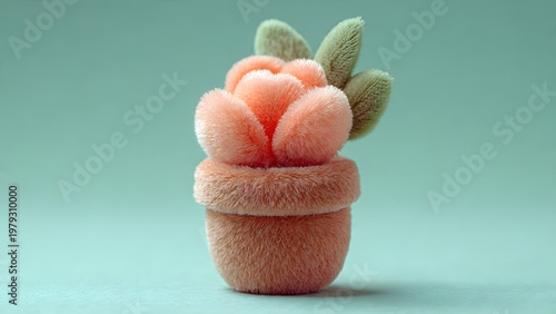 Round chubby rose plush with fur-like texture, placed inside a tiny clay pot, pastel mint background, soft bounce lighting