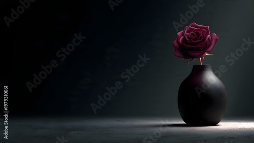Side profile of a deep burgundy rose in a matte black pot, dramatic spotlight lighting, luxury perfume-ad style, dark minimal background