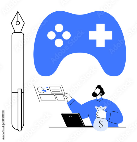 Game development, financial processes, content creation, app design, gaming industry, business strategy. Game controller, pen and man holding money bag near tech interface. Game development