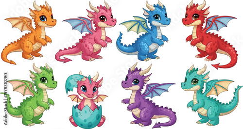 Set of 9 Cute and Colorful Cartoon Baby Dragons in Various Colors and Poses, Including an Egg Hatching Dragon