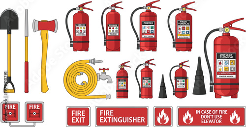 Set of Fire Safety Equipment Illustrations Including Fire Extinguishers, Fire Exit Signs, Fire Hose, and Safety Tools