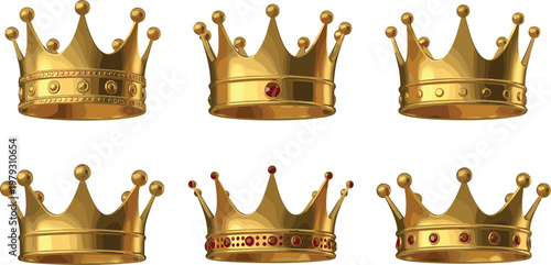 Set of 6 Gold Crowns with Various Designs and Red Gems, Perfect for Royalty and Luxury Themes