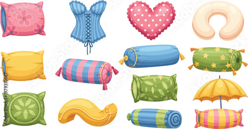 Set of 14 Colorful Cushions, Pillows, and Soft Decor Items in Various Shapes, Patterns, and Colors