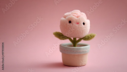 Cute fuzzy rose doll inside a tiny pastel pot, plush texture, kawaii style, soft pink background, gentle lighting, toy photography, shallow depth of field