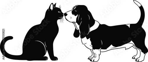 cat and dog silhouette illustration, pet friendship concept, domestic animals interaction, black and white design, cute companion animals, canine feline artwork