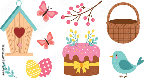 Set of 8 Easter-themed Illustrations Featuring a Birdhouse, Butterflies, Easter Eggs, Basket, Cake, and Bird in Soft Pastel Colors