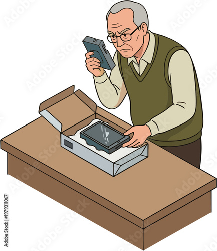 An older man unpacks a device from a box on a table.