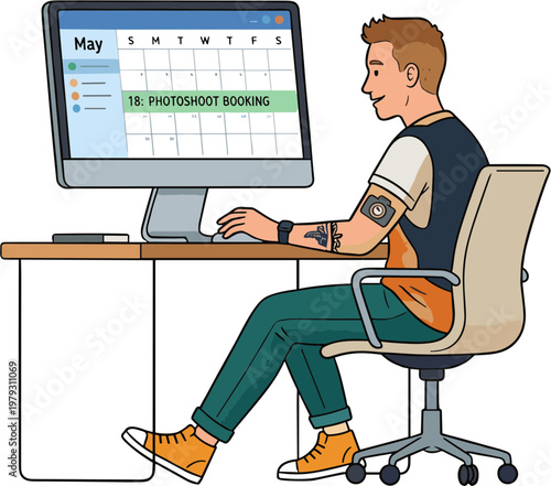 Man sitting at desk booking photoshoot on computer calendar