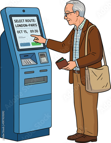 Man using ticket machine at train station with bag and wallet